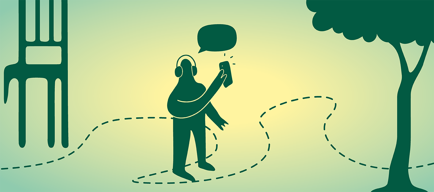 Dessin de la chaise de la place des Nations, d'un personnage sous un arbre et un parcours en pointillé