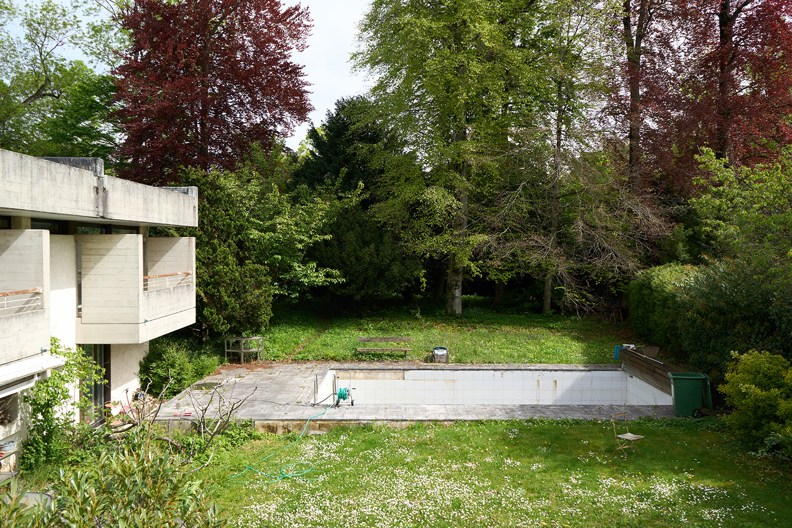 La piscine et le cordon boisé en fond de parcelle (CDAO / photo T. Manasseh, 2025)
