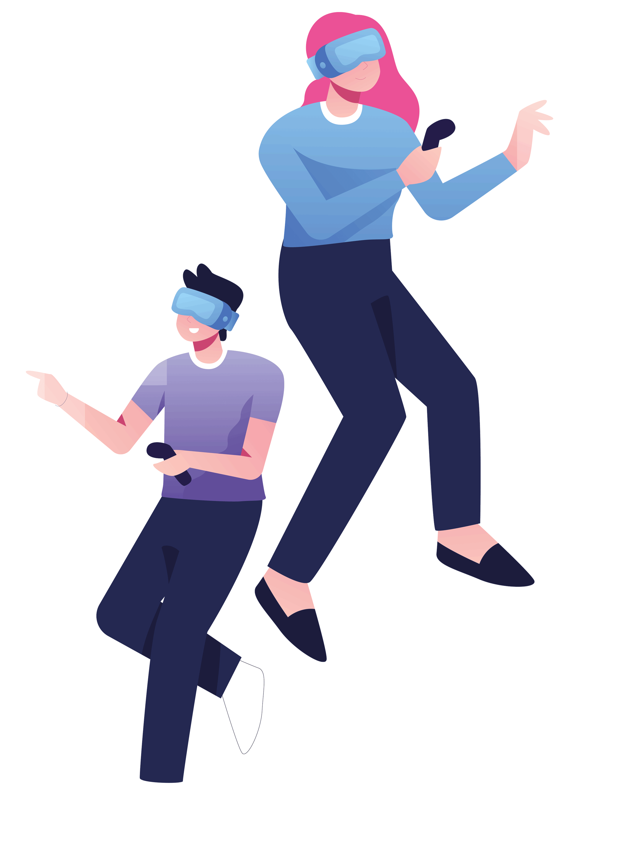 Deux personnages stylisés expérimentent la réalité virtuelle