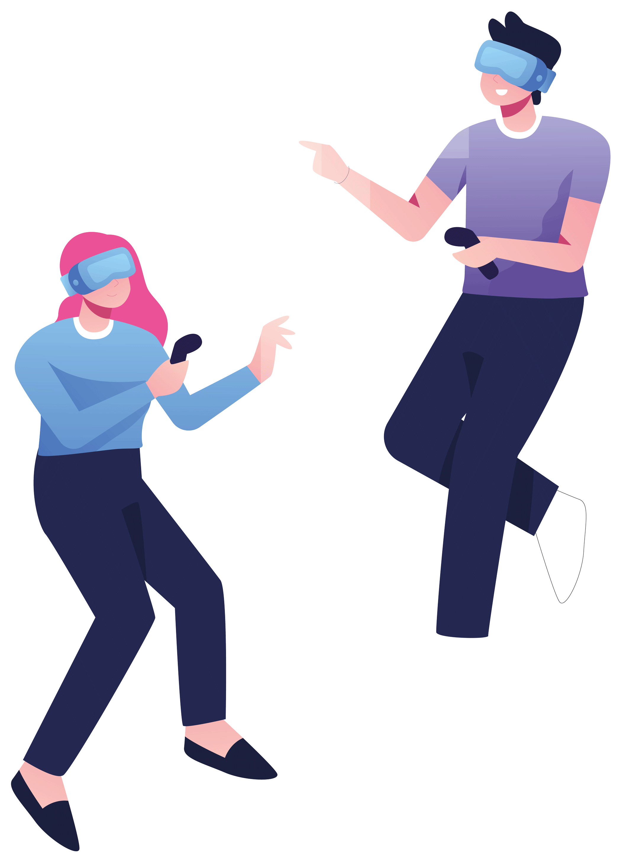 Deux personnages stylisés expérimentent la réalité virtuelle