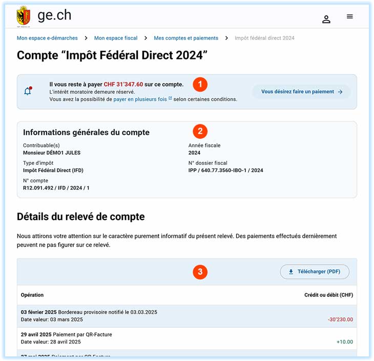 Exemple d'extrait de compte Impôt Fédéral Direct 2024