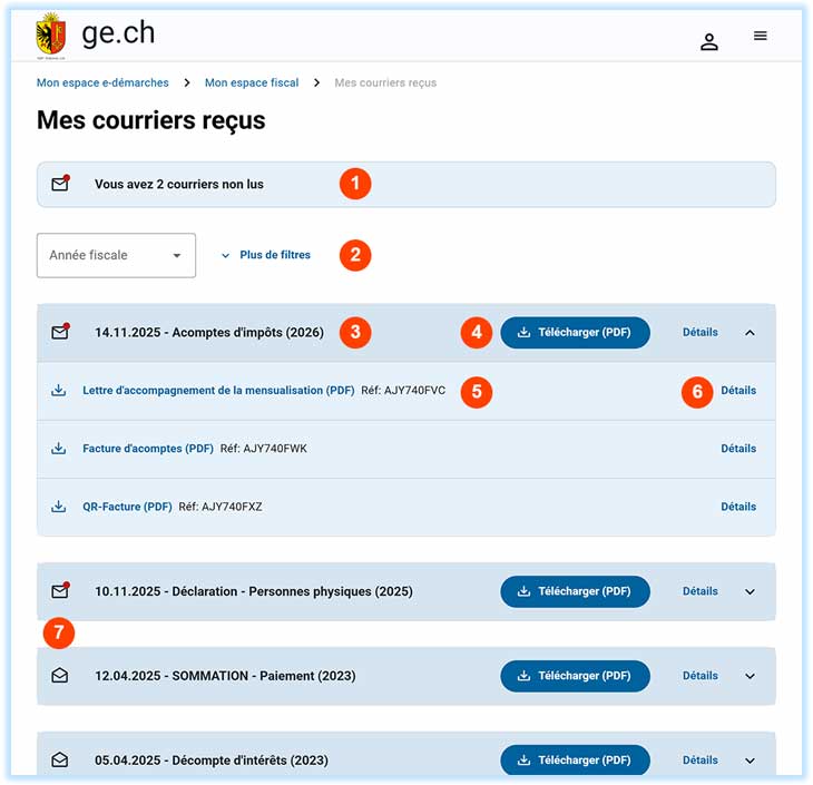 Page Mes courriers reçus