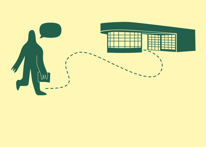 Dessin personnage marchant vers bâtiment emblématique du quartier des Nations