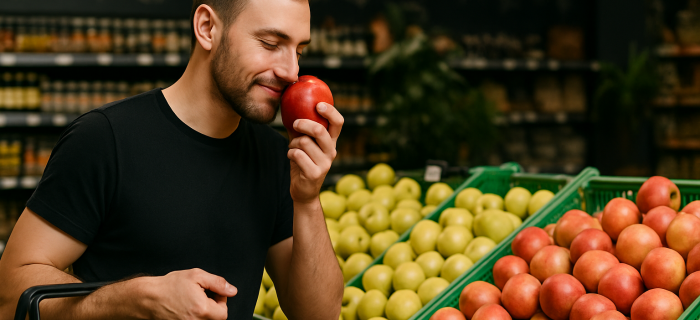 Client de supermarché au rayon fruits et légumes