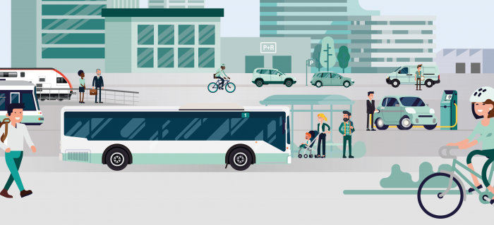 Illustration: transports publics et individuels en milieu urbain