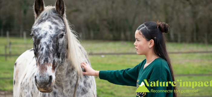 Une jeune caresse un cheval dans un champs