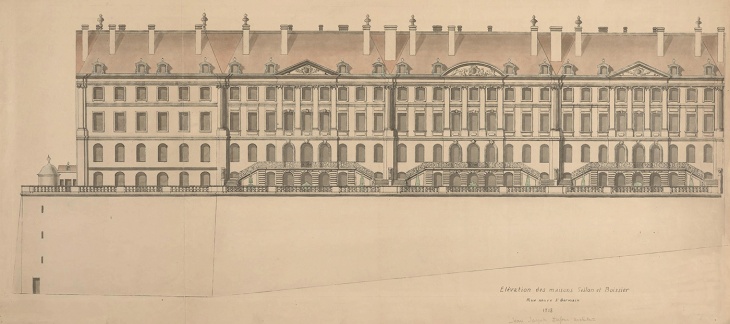 Jean-Jacques Dufour, élévation des façades et du mur des terrasses de trois hôtels de la rue des Granges, côté Plainpalais, vers 1719. Photothèque du Musée d'art et d'histoire de Genève (MAH) Jean-Jacques Dufour, élévation des façades et du mur des terrasses de trois hôtels de la rue des Granges, côté Plainpalais