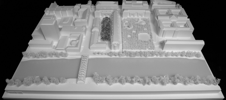 Derrière l'Arve, l'Hôtel des archives et sa cour boisée (© Pont12 architectes) Le futur Hôtel des Archives de Genève, rue de l'Ecole-de-Médecine